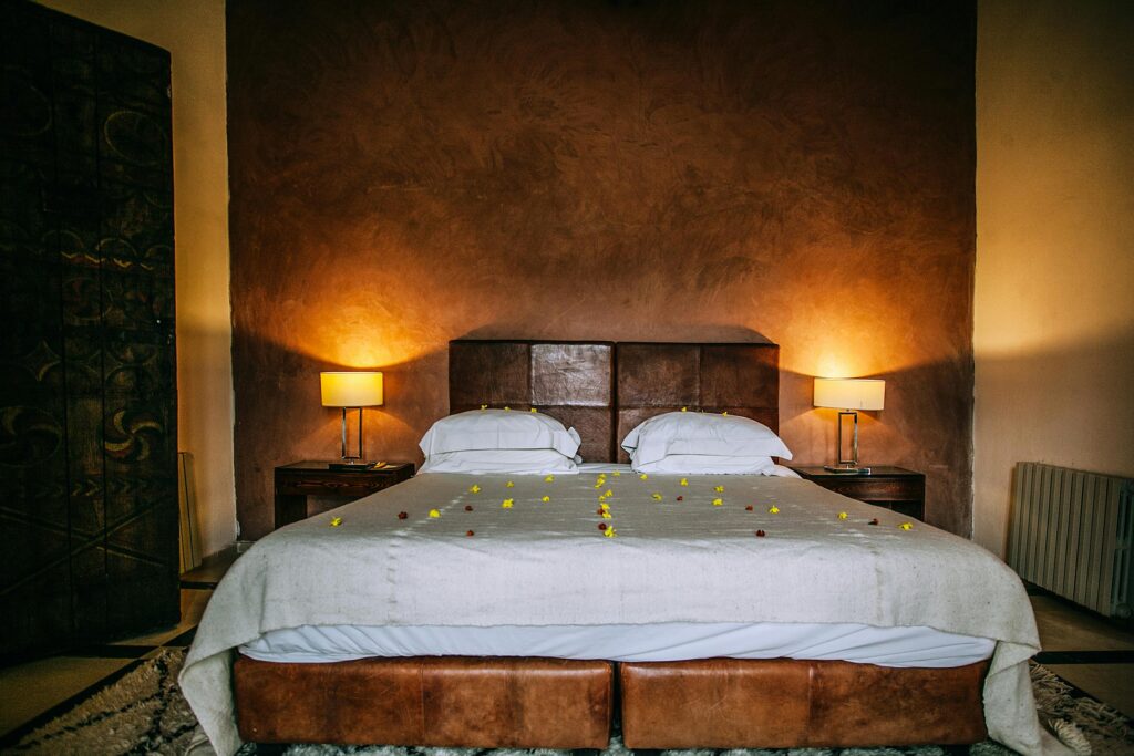 Bedroom with pillows and lamps on bedsides